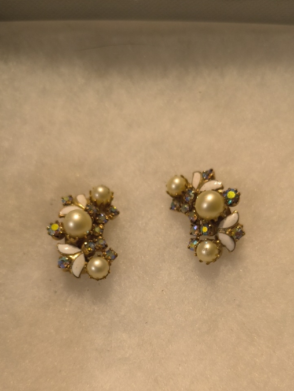 Pearl and Aurora Crystal Floral Cluster Earrings - Gold Tone